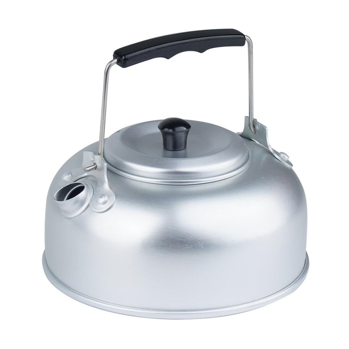 Leichter 800-ml-Camping-Teekessel aus Aluminium mit schwarzem Griff und Ausguss für die Teezubereitung im Freien und die Warmwasserbereitung.