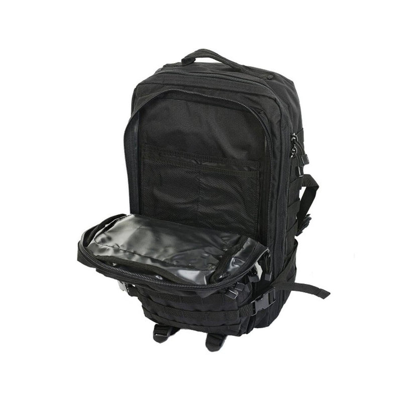 Black MIL-TEC U.S. Assault 36L tactical backpack with multiple compartments and padded straps for hiking and outdoor use