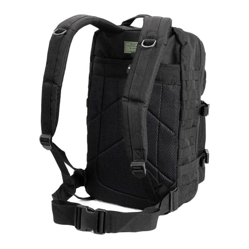 Black MIL-TEC U.S. Assault 36L backpack with padded straps, waist belt, and durable tactical design for hiking and outdoor use