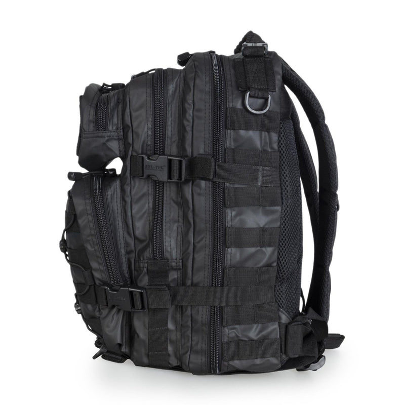 Black MIL-TEC U.S. Assault Ranger tactical backpack with multiple compartments and padded straps, 36-liter PVC coated daypack