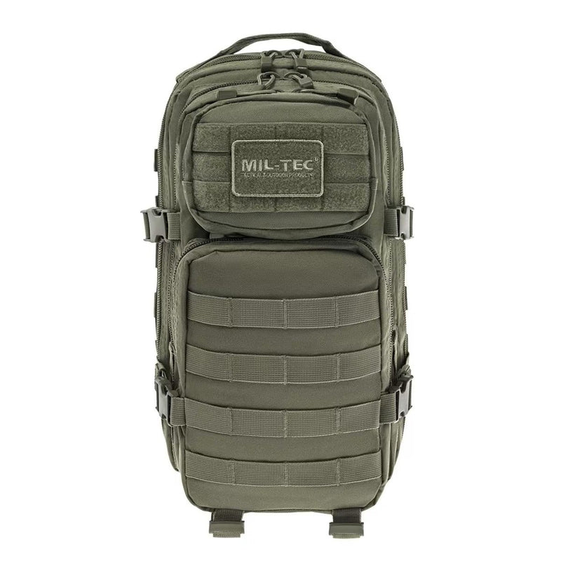 Olive green MIL-TEC tactical backpack with MOLLE system, multiple compartments, and compact 20L capacity for outdoor use