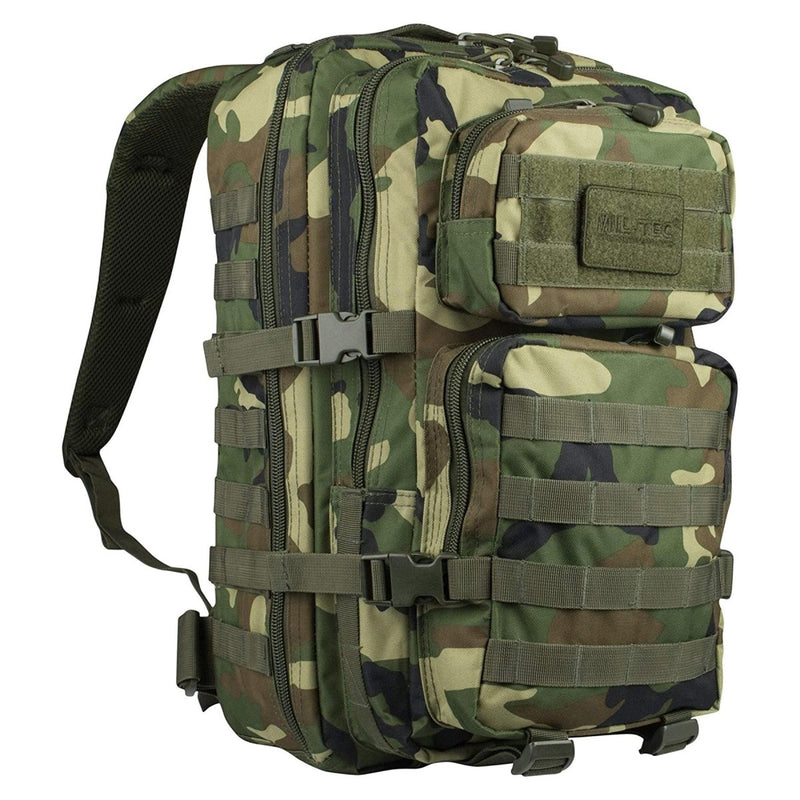 MIL-TEC U.S. Assault 36L backpack in woodland camo with multiple compartments and adjustable straps for hiking and tactical use