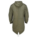 Back view of olive MIL-TEC U.S. military style M51 hooded parka with detachable quilted liner.