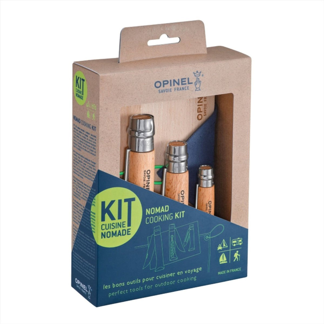 Opinel Nomand Kochset für den Außenbereich, 5-teilig, Messerbrett, Handtuch, Reiseset, Blau