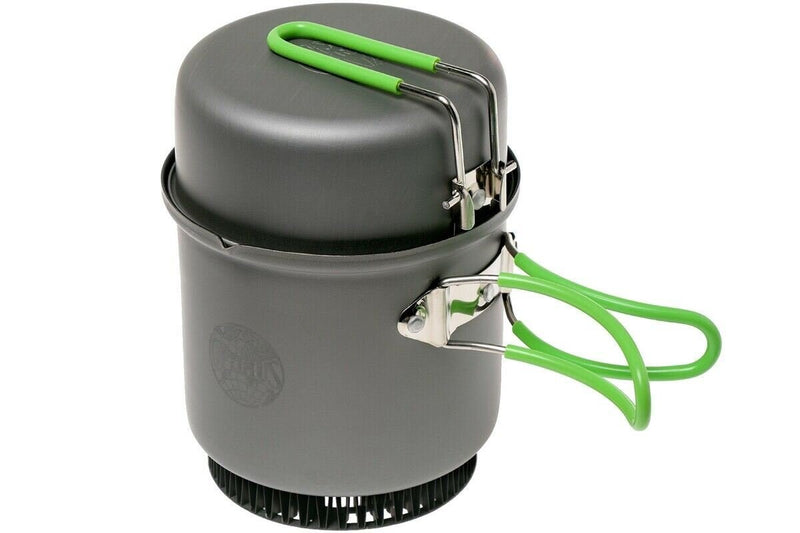 Compact Optimus Crux Weekender HE gas stove and cookware set with foldable green handles for camping and hiking.