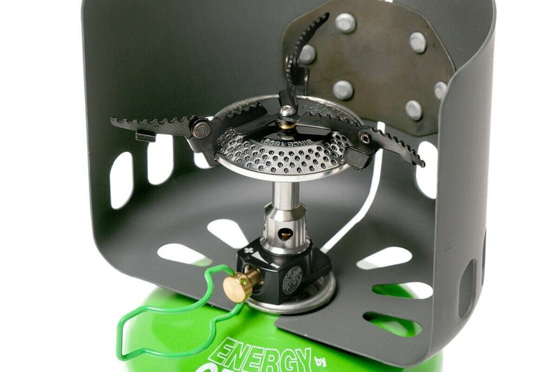 Compact foldable outdoor gas stove with flame control and windscreen for camping and hiking cooking needs