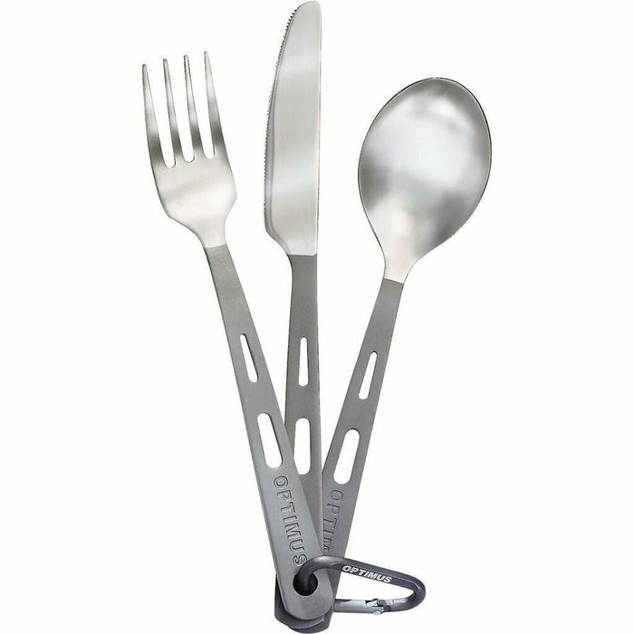 Leichtes Set aus Gabel, Messer und Löffel aus Titan mit matten Griffen und Karabiner für Camping- und Rucksacktouren.