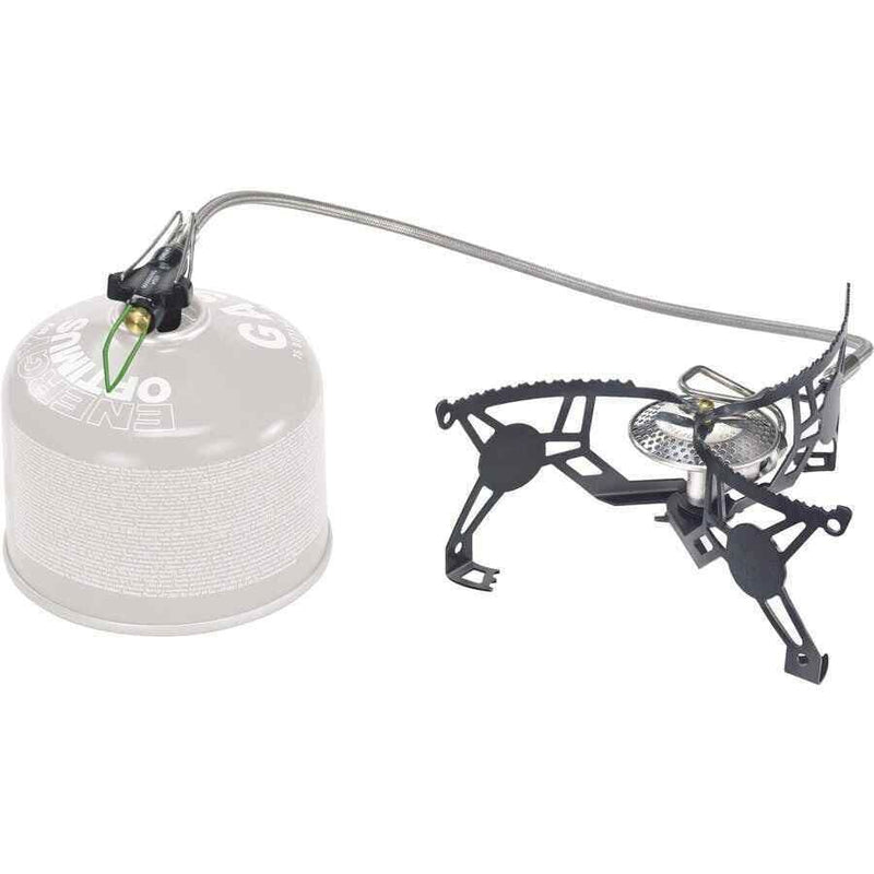 Lightweight portable Optimus Vega folding camp stove with LPG canister connection for outdoor hiking and camping cooking.