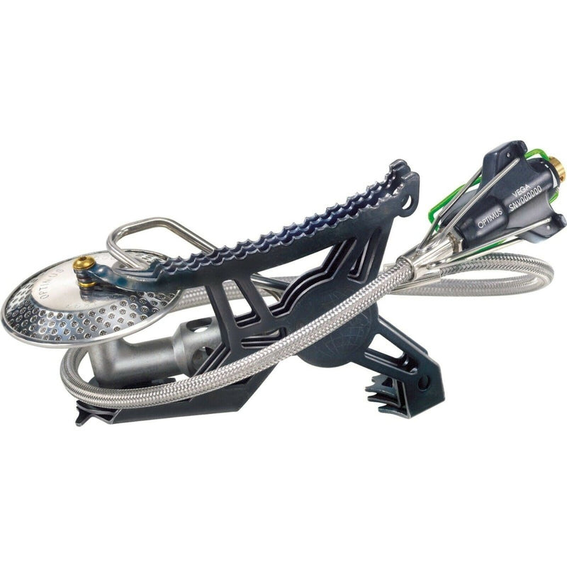 Optimus Vega lightweight portable folding camp stove with LPG canister connection for hiking and camping.