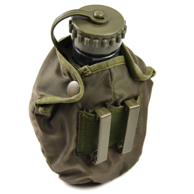 Original Austrian Army military water flask in durable plastic with olive green nylon pouch and belt clips for outdoor use.