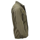 Side view of original Austrian military olive green field jacket with adjustable cuffs and waist cord stopper