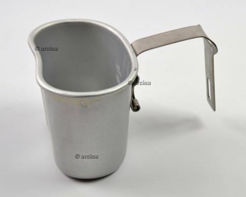 Original Belgian army aluminum canteen cup with handle, durable and lightweight for outdoor and military use.