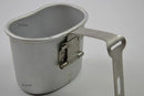 Original Belgian army aluminum canteen cup mug with foldable handle, military field drinking vessel.