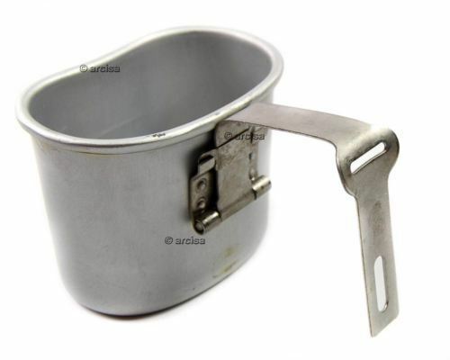 Original Belgian army aluminum canteen cup with foldable handle for outdoor and military use.