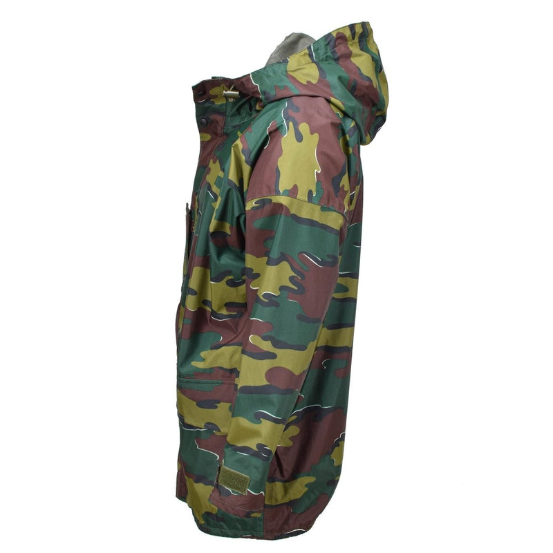 Side view of original Belgian military waterproof jigsaw camouflage seyntex raincoat with hood and long sleeves