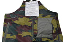Original Belgian military waterproof pants in jigsaw camo with suspenders, reinforced knees, and multiple pockets.