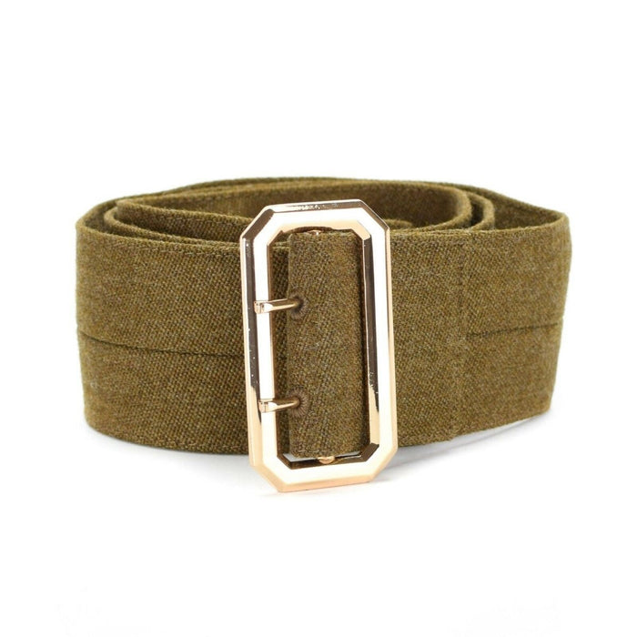 Originaler Kleidergürtel der britischen Armee aus olivfarbenem Canvas mit goldfarbener Schnalle für Militäruniform-Tunika und Manteljacke.
