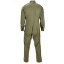 Back view of original British army olive green mechanics jumpsuit coverall with long sleeves and collar