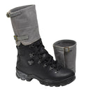 Original British military vintage leg gaiters in grey canvas, shown with black combat boot for rugged outdoor protection.