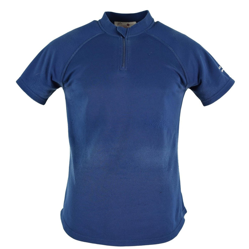 Blue breathable British police t-shirt with front zip guard, short sleeves, and high collar for comfort and mobility.