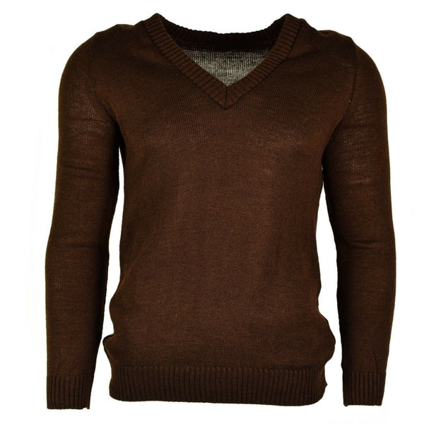 Original Bulgarian army pullover brown V-neck sweater with ribbed cuffs and hem, durable and warm military-style knitwear.