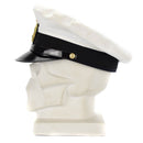 White German Navy officer’s peaked cap with black visor and gold insignia displayed on white mannequin head