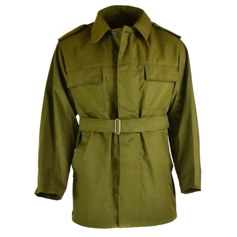 Original Czech army M85 green field parka with belt, military issue winter jacket, durable and functional design.