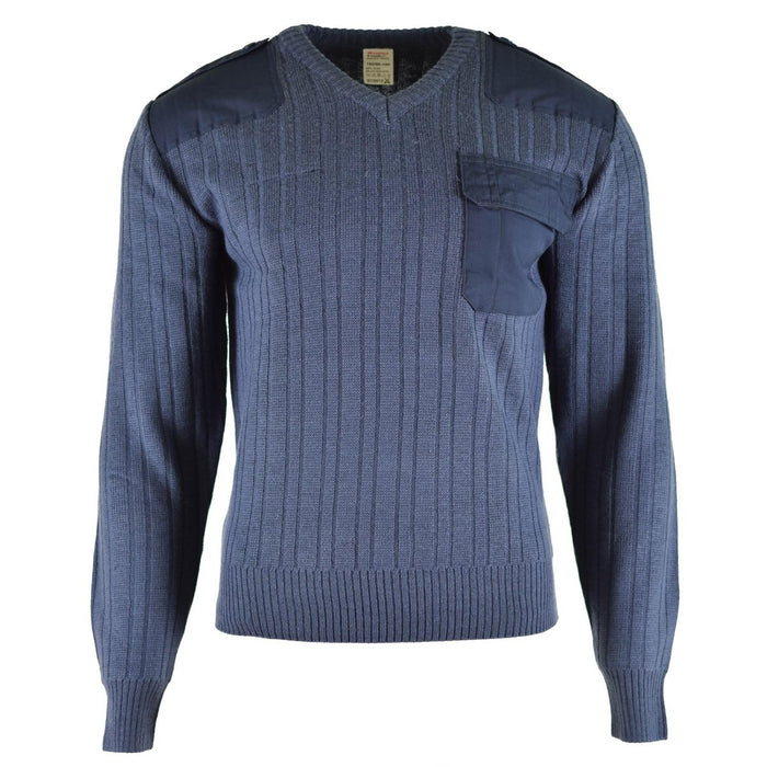 Original tschechischer, armeeblauer Wollpullover mit V-Ausschnitt, Brusttasche und verstärkten Schultern, neues Military-Surplus-Design