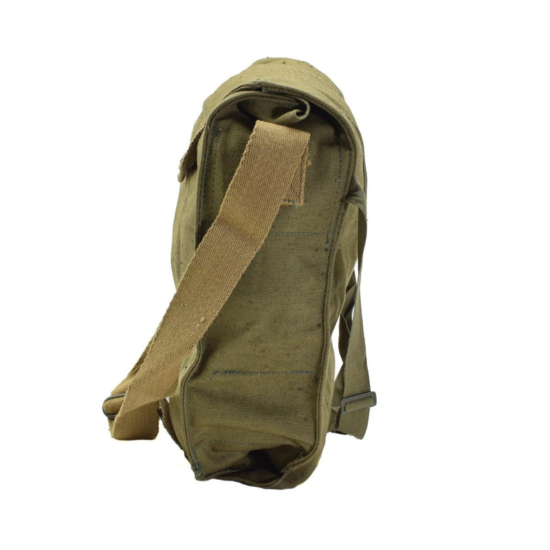 Side view of original Czech military green canvas gas mask shoulder bag with adjustable strap vintage surplus new