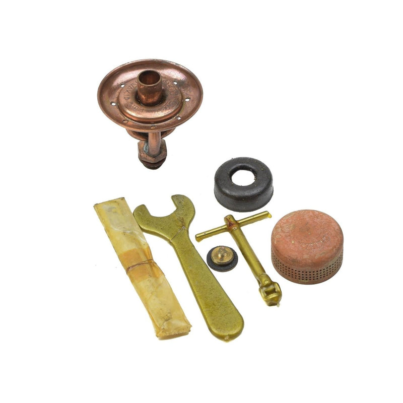Original Czech Military Meva vintage liquid fuel camping stove burner parts laid out on white background
