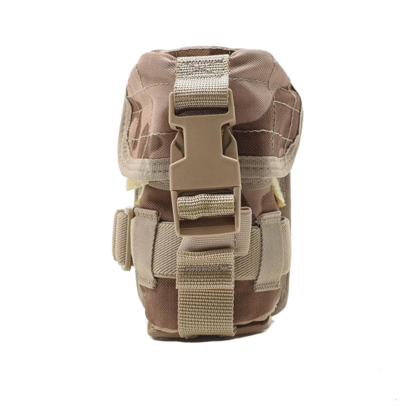 Desert camo tactical grenade pouch with MOLLE buckle system for military gear attachment and secure storage.
