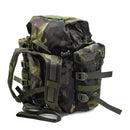 Original Czech military MOLLE backpack in woodland camo with quick release, padded straps, and 30L capacity.