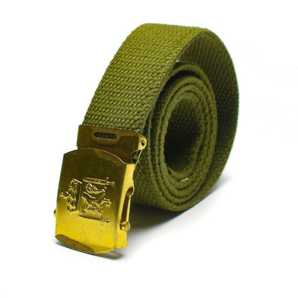 Original Danish Army olive green military canvas belt with gold-toned buckle featuring Royal Danish insignia, rolled up.