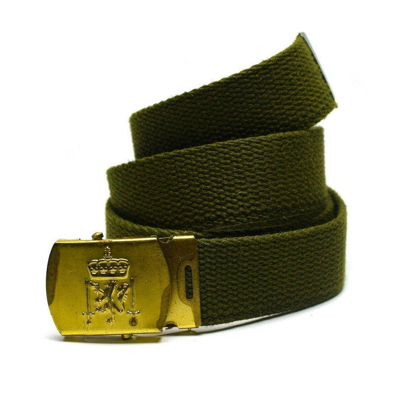 Original Danish Army olive green canvas belt with gold-toned Royal Danish insignia military buckle.