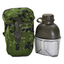 Original Danish military water flask with M84 camouflage pouch and aluminum canteen universal attachment.