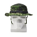 Original Danish Military M84 camouflage boonie hat with wide brim and adjustable straps on a white mannequin head