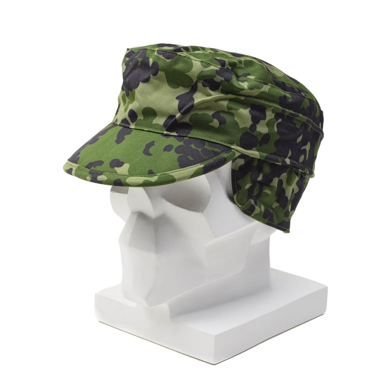 Original Danish Military M84 camouflage field cap with folding ear flaps, lightweight and durable for outdoor use