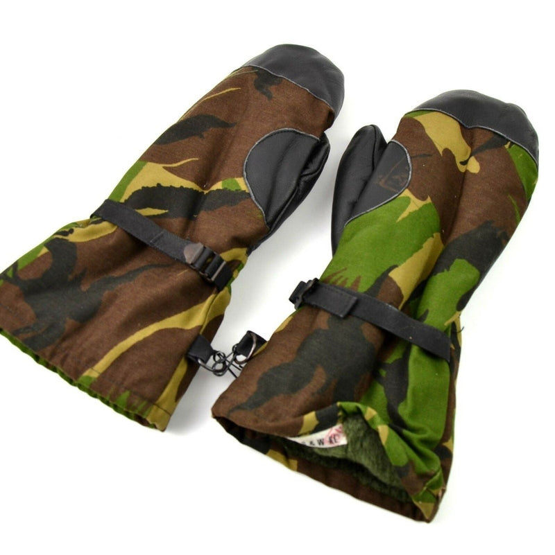 Original Dutch army DPM woodland camo mittens with leather grip, designed for warmth and durability in tactical outdoor use.