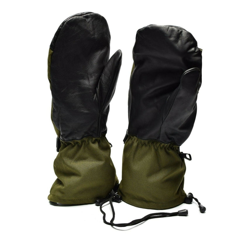 Original Dutch Army olive green Gore-Tex trigger finger mittens with leather palms and adjustable wrist straps for cold, wet conditions.