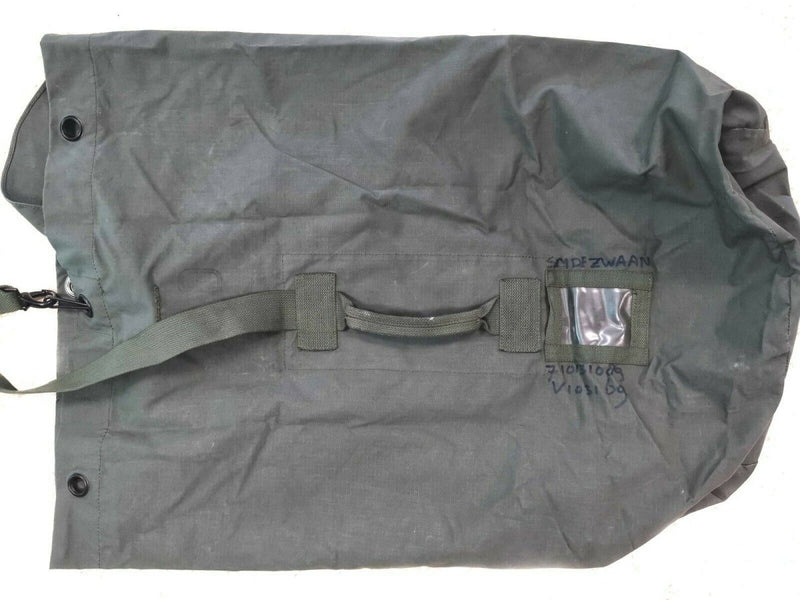 Original Dutch military duffel bag 100 liters made of durable olive green ripstop canvas with carry straps.