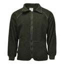 Olive green Dutch military fleece jacket with full zipper, stand-up collar, elastic cuffs, and warm soft thermal fabric.