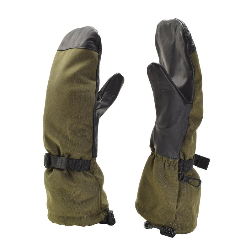 Original Dutch military special forces winter mittens with waterproof olive fabric and durable leather palms for extreme cold.