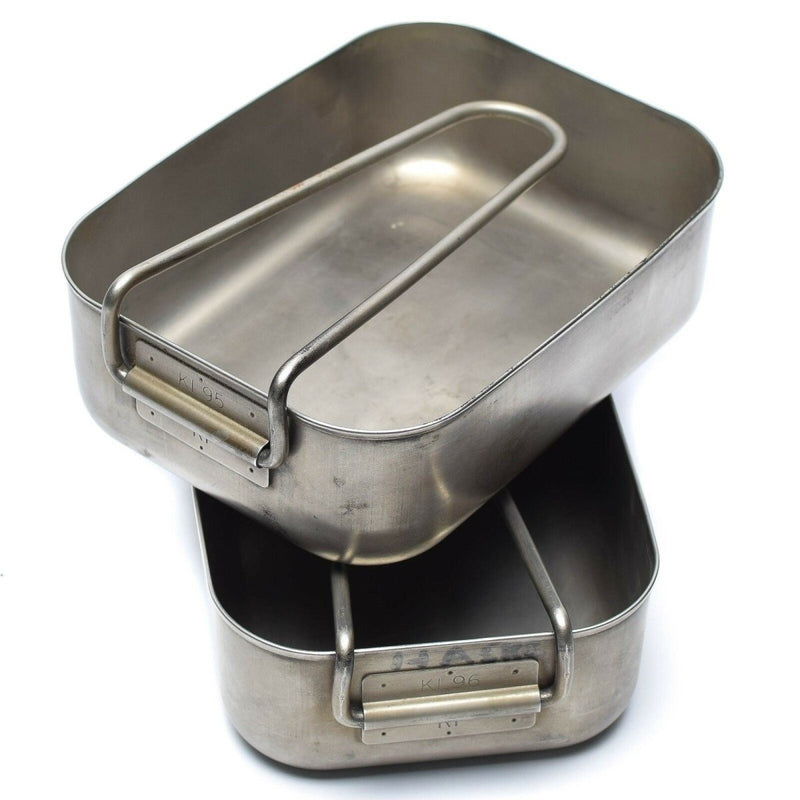 Original Dutch Military stainless steel 2-piece mess tin kit for camping, cooking, and outdoor survival use