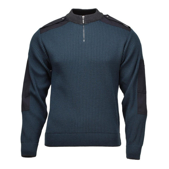 Blauer, original holländischer Troyer-Pullover aus Rippstrick aus einer Wollmischung im Militärstil mit Viertelreißverschluss und verstärkten Ellbogen.