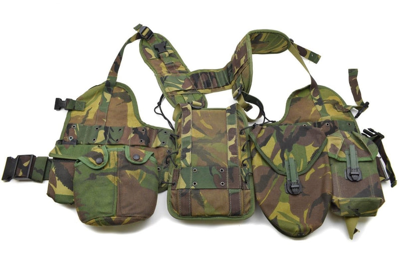 Original Dutch military tactical vest set with woodland camouflage, featuring four Alice clip pouches for gear storage and quick access