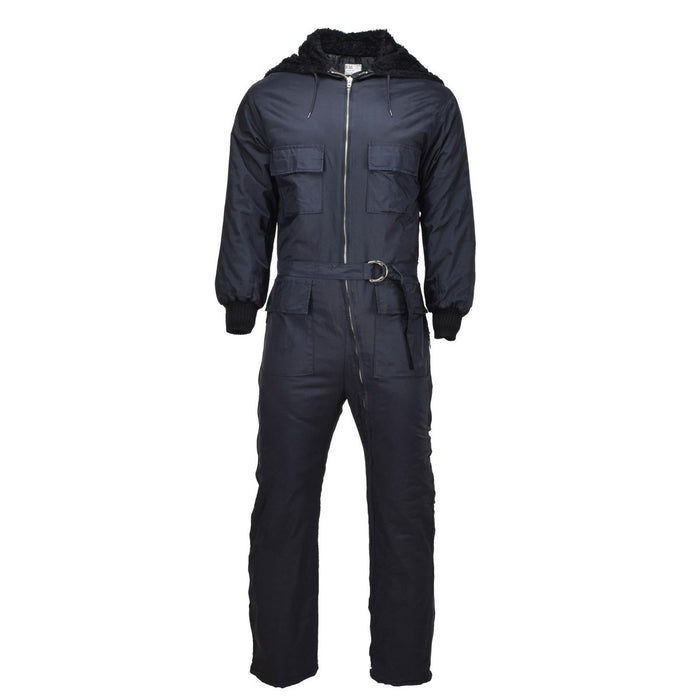 Schwarzer original holländischer Militär-Winteroverall mit Kapuze aus Kunstfell, mehreren Taschen, verstellbaren Bündchen und Gürtelschnalle.