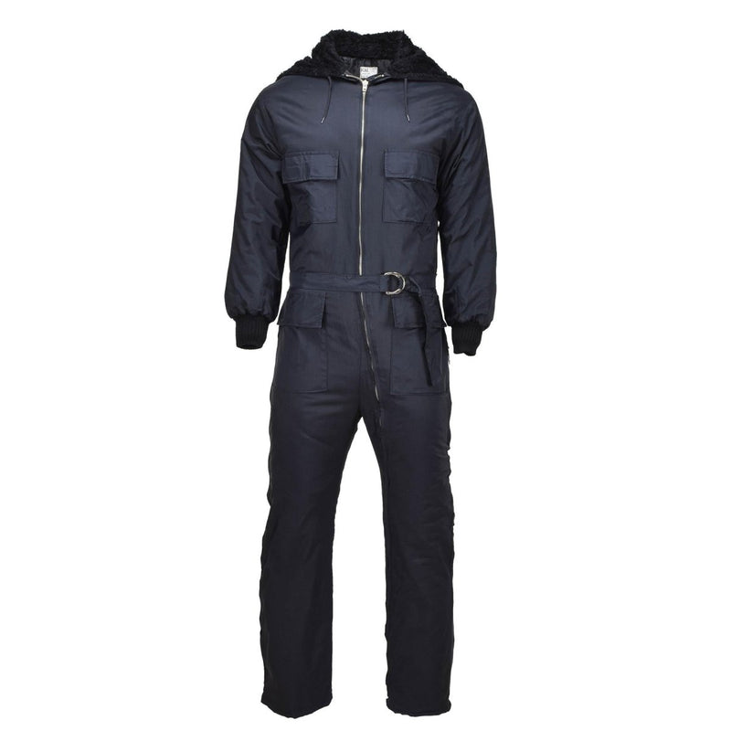 Black Original Dutch military winter coverall with faux fur hood, multiple pockets, adjustable cuffs, and belt buckle.