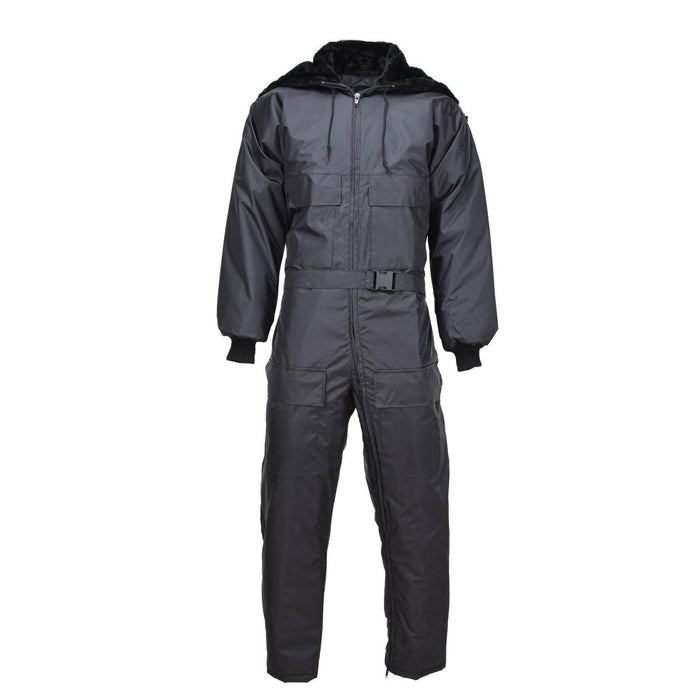 Schwarzer holländischer Militär-Overall mit Steppfutter und Kapuze, verstellbaren Bündchen und mehreren Taschen