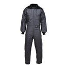 Black hooded Dutch military cold weather quilted liner coverall jumpsuit with adjustable cuffs and multiple pockets