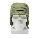 Original Dutch paratrooper hat with ear flaps, brim, windproof olive design, made for cold weather protection.